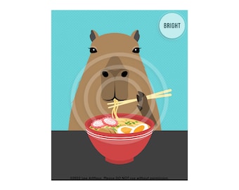 52JP Ramen Noodle Art Prints - Capybara Eating Bowl of Ramen Wall Art - Ramen Lover Gifts - Foodie Wall Art - Ramen Decor - Funny Animal Art