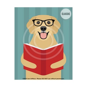 589DP Reading Decor Golden Retriever Dog Reading Book Wall Art Library Decor Classroom Wall Art Cute Dog Art Prints Dog Portrait CLASSIC