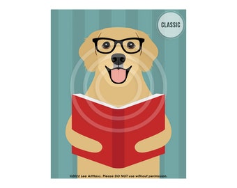 589DP Reading Decor - Golden Retriever Dog Reading Book Wall Art - Library Decor - Classroom Wall Art - Cute Dog Art Prints - Dog Portrait