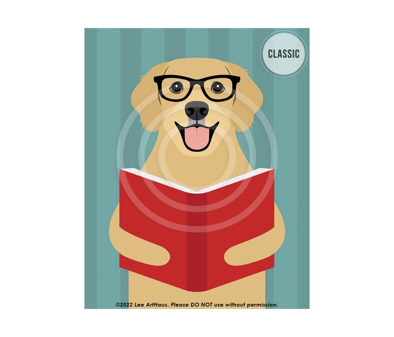 589DP Reading Decor Golden Retriever Dog Reading Book Wall Art Library Decor Classroom Wall Art Cute Dog Art Prints Dog Portrait CLASSIC