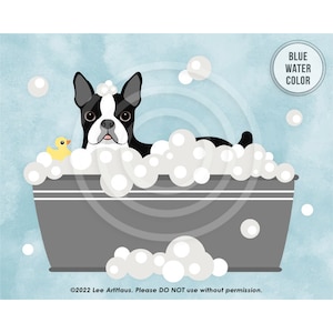 11DP Dog Art Print - Boston Terrier in Gray Bathtub Wall Art Print - Funny Boston Terrier Print - Bath Art - Bathroom Prints - Dog Decor