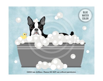 11DP Dog Art Print - Boston Terrier in Gray Bathtub Wall Art Print - Funny Boston Terrier Print - Bath Art - Bathroom Prints - Dog Decor