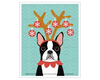 9DH Dog Artwork - Boston Terrier with Reindeer Antlers Wall Art - Christmas Gifts for Dogs - Boston Terrier Gifts - Funny Dog Gifts