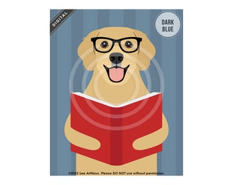 589DP Reading Decor - Golden Retriever Dog Reading Book Wall Art - Library Decor - Classroom Wall Art - Cute Dog Art Prints - Dog Portrait