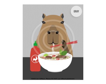 53JP Pho Art - Capybara Eating Bowl of Pho Noodles Wall Art - Funny Food Prints - Capybara Print - Kitchen Decor - Vietnamese Pho Lover Gift