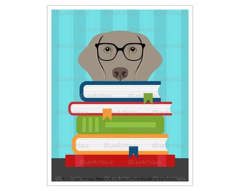 266D Book Decor - Weimaraner Reading Stack of Books Wall Art - Reading Decor - Book Nook Sign - Dog Reading Book - Book Lover Gift - Dog Art