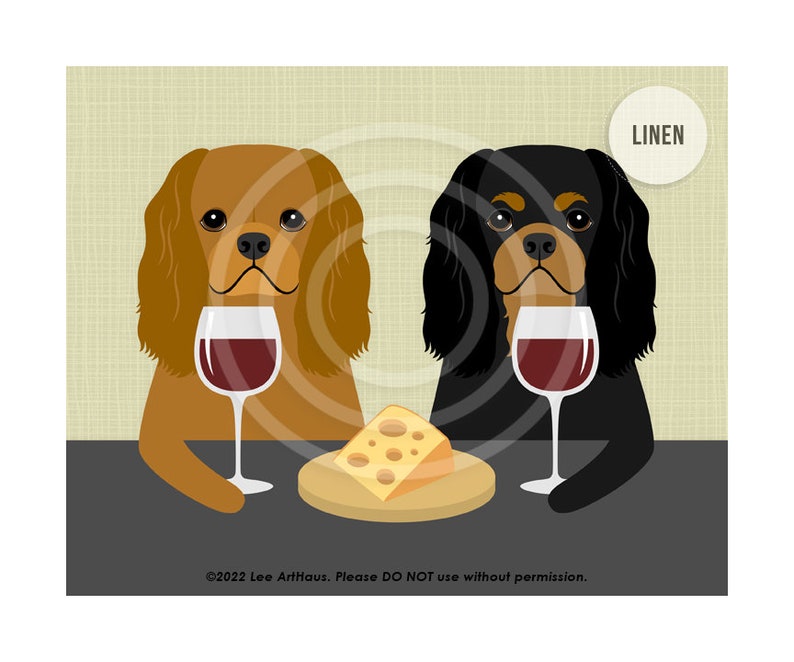 444DP Two Cavalier King Charles Spaniels Drinking Wine and Eating Cheese Wall Art Dog Wall Decor Cavie Art Prints Dog Drinking Wine image 9