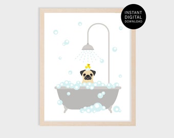 8ID - Cute Pug in Bath Wall Art - Pug Gifts - Instant Download Dog Art - Digital Dog Art - Dog Drawing - Dog Bathroom Decor - Pug Artwork