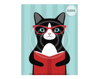 709DP Cat Art Print - Cat with Red Glasses Reading Book Wall Art - Black Cat Nursery Decor - Cat Drawing - Read Sign - Cat Print - Cat Gifts