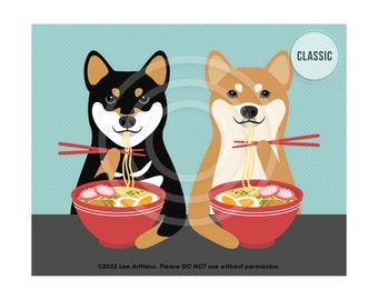 643DP Dog Art - Two Shiba Inu Dogs Eating Ramen Noodles Wall Art - Shiba Inu Decor - Ramen Art - Dog Portrait - Pet Drawing - Foodie Print