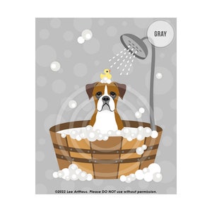 45DP Dog Prints Brown Boxer Dog in Wooden Tub Wall Art Bathroom Art Boxer Print Bath Print Dog Drawing Dog Art Pet Portrait GRAY