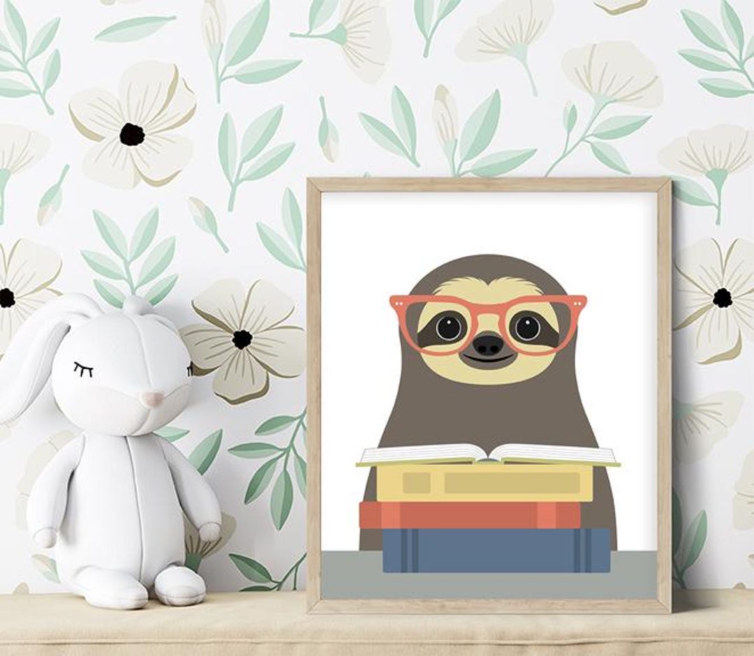 35JW Sloth Artwork - Sloth Reading Stack of Books Wall Art - Modern ...