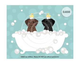 267DP Dog Drawing - Two Labrador Dogs in Bubble Bath Wall Art - Black Labrador Print - Bath Decor -Chocolate Labrador Art - Dog Bath Art
