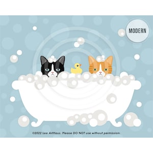 286DP Cat Art Prints - Two Grumpy Cats Peeking in Bubble Bath Wall Art - Cat Wall Art - Cat Home Decor - Bathroom Art - Cat Bath Prints