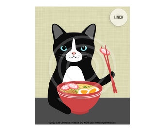 725DP Black and White Cat Eating Ramen Wall Art Print - Cute Cat Art Prints - Ramen Drawing - Cat Gifts - Cat Drawing - Funny Food Art