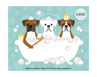 48DP Three Boxer Dogs in Bubble Bath Wall Art - Cute Puppy Print - Boxer Dog Drawing - Bathroom Decor - Dog Theme Bathroom - Boxer Gifts