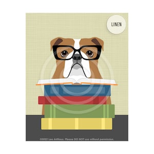 527DP English Bulldog Reading Stack of Books Wall Art English Bulldog Decor Classroom Wall Art Animal Reading Book Library Decor LINEN