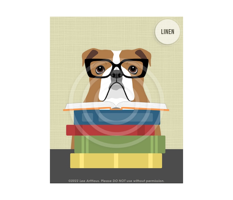 527DP English Bulldog Reading Stack of Books Wall Art English Bulldog Decor Classroom Wall Art Animal Reading Book Library Decor LINEN