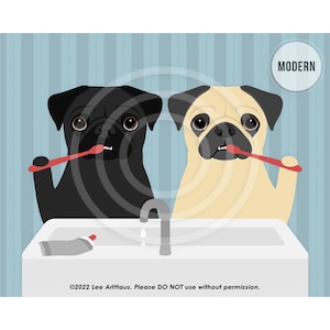 180DP Two Pug Dogs Brushing Teeth Wall Art - Black Pug - Brush Your Teeth Sign - Funny Dog Bathroom Decor - Pug Decor - Pug Gifts - Dog Art