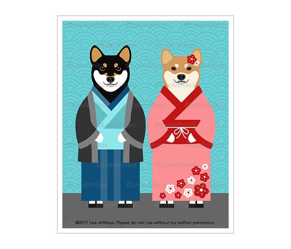 779d Dog Art Two Shiba Inu Dogs Wearing Kimono Robes Wall Art Shiba Inu Decor Dog Poster Dog Gifts Gift For Couples Dog Drawing
