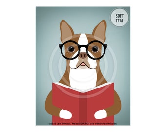 355DP Red and White Boston Terrier Reading Book Wall Art - Book Wall Decor - Reading Nook Art - Library Wall Art - Dog Nursery Prints