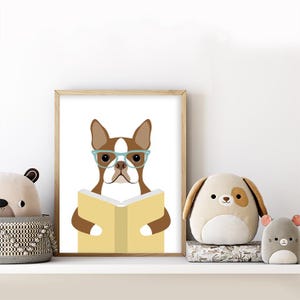 355DP Red and White Boston Terrier Reading Book Wall Art - Book Wall Decor - Reading Nook Art - Library Wall Art - Dog Nursery Prints