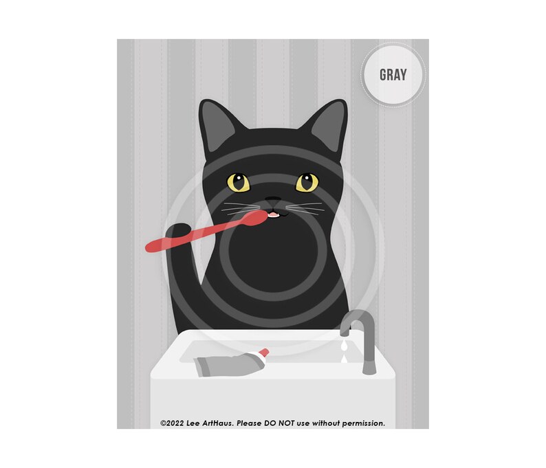 292DP Black Cat Bath Art Black Cat Brushing Teeth Wall Art Black Cat Decor Brush Your Teeth Sign Cat Lovers Gift Bath Wall Decor GRAY