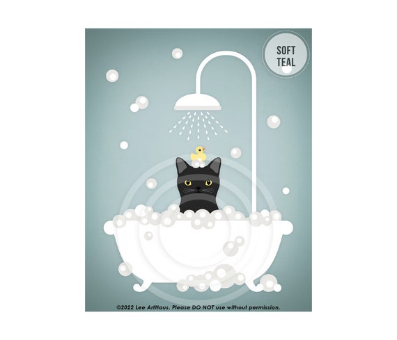 276DP Black Cat Art Prints Black Cat Taking Bath Wall Art Black Cats Cat Gifts Cat Bathroom Decor Black Kitten Art Cat Drawing