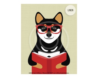 663DP Impressions d'art pour chiens - Art mural de livre de lecture de chien Shiba Inu noir et feu - Décor de salle de lecture - Art mural de salle de classe - Chiot Shiba Inu