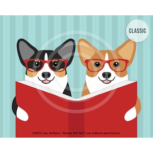 473DP Dog Decor - Two Corgi Dogs Reading Book Wall Art - Book Lover Gifts - Corgi Couple Gift - Dog Decor - Corgi Gifts - Dog Nursery Print