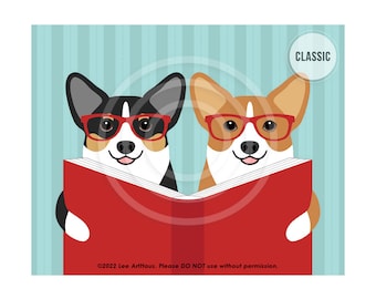 473DP Dog Decor - Two Corgi Dogs Reading Book Wall Art - Book Lover Gifts - Corgi Couple Gift - Dog Decor - Corgi Gifts - Dog Nursery Print