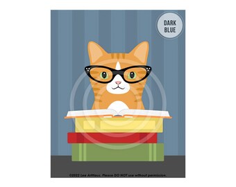 712DP Cat Art Prints - Orange Tabby Cat Reading Stack of Books Wall Art - Book Wall Art - Book Nursery Decor - Cat Lover Gifts - Cat Decor