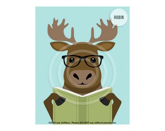 4AP Moose Reading Book Art Prints - Moose Decor - Classroom Wall Art - Teacher Gift Idea - Reading Room Decor - Library Art - Art for Kids