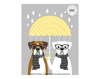 414D Boxer Dog Art - Two Boxers Holding Yellow Umbrella Wall Art - Boxer Dog Print - Whimsical Dog Decor - Art for Kids - Funny Dog Art