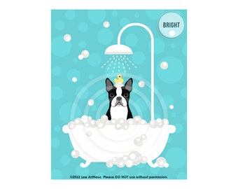 24DP - Dog Bath Decor - Boston Terrier Under Shower in Bathtub Wall Art - Dog Spa Poster - Boston Terrier Decor - Boston Terrier Gifts