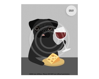 603DP Black Pug Print - Black Pug Drinking Wine and Eating Cheese Wall Art - Pug Gift - Pug Decor - Dog Artwork - Pet Kitchen - Pet Decor