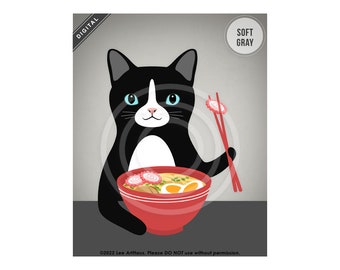 725DP Black and White Cat Eating Ramen Digital Art Print - Cute Cat Art Prints - Ramen Drawing - Cat Gifts - Cat Drawing - Funny Food Art