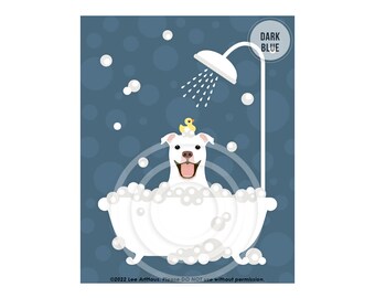 147DP White Pit Bull Dog in Bubble Bath Wall Art - Cute Pit Bull Gifts - Pittie Mom Gifts - Dog Bath Decor - Dog Lover Gifts - Pet Drawing