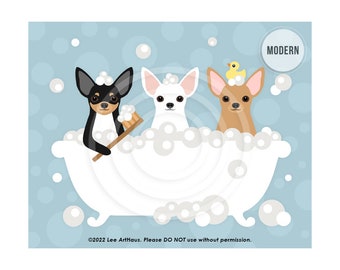 230DP Dog Print - Three Chihuahua Dogs in Bubble Bath Bathtub Wall Art - Chihuahuas Prints - Chihuahua Drawing -Dog Bathtub Art - Dog Art