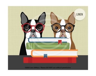 370DP Book Lover Gifts - Two Boston Terriers with Stack of Books Art - Reading Art - Dog Wearing Glasses - Boston Terrier Gift - Book Art