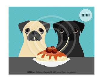 625DP Two Pugs Eating Spaghetti and Meatballs Wall Art - Italian Food Art - Black Pug Drawing - Pug Decor - Pug Gifts - Dog Kitchen Decor