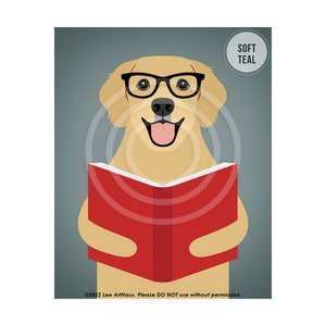 589DP Reading Decor Golden Retriever Dog Reading Book Wall Art Library Decor Classroom Wall Art Cute Dog Art Prints Dog Portrait SOFT TEAL