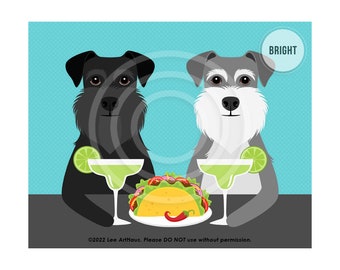 638DP Two Schnauzer Dogs Drinking Margaritas and Eating Taco Wall Art - Schnauzer Gifts - Miniature Schnauzer Decor - Taco Art Prints
