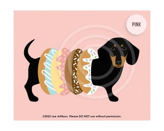 506DP Funny Dog Art - Black and Tan Dachshund Donut Rings Wall Art - Donut Print - Dessert Wall Art - Dachshund Puppy Print - Donut Theme