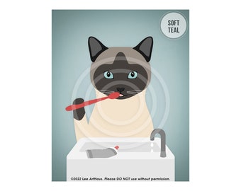 291DP Siamese Cat Art - Siamese Cat Brushing Teeth Wall Art - Cat Gifts - Brush Your Teeth Sign - Funny Cat Signs - Dentist Gift - Cat Decor