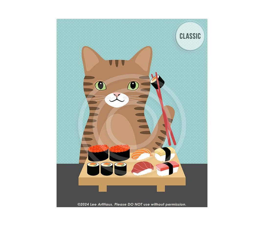 833DP Funny Cat Art Cat Eating Sushi Wall Art Print Sushi Drawing Brown ...