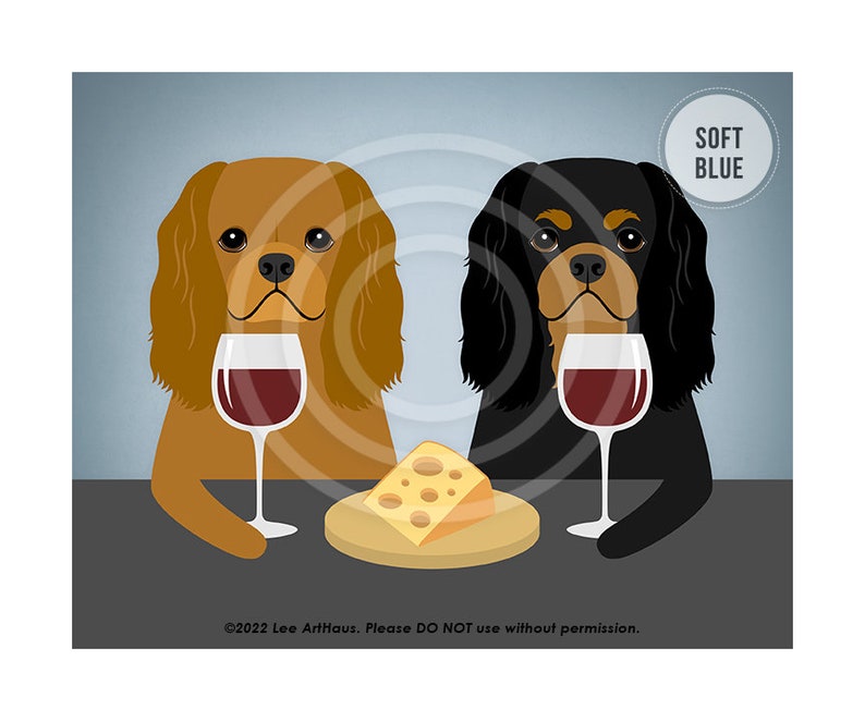 444DP Two Cavalier King Charles Spaniels Drinking Wine and Eating Cheese Wall Art Dog Wall Decor Cavie Art Prints Dog Drinking Wine image 4