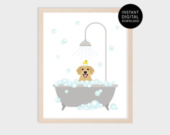 6ID - Golden Retriever Art - Dog Taking Bath - Digital Dog Art - Golden Retriever Bath Decor - Instant Download - Dog Bath Wall Decor