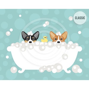 80DP Two Corgi Dogs Peeking in Bubble Bath Wall Art - Welsh Corgi Print - Corgi Wall Art - Bath Prints - Bathroom Wall Art - Dog Lover Gift