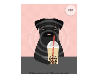 605DP Pug Drawing - Black Pug Dog Drinking Bubble Tea Wall Art - Funny Kitchen Decor - Bubble Tea Lover - Dog Art - Pug Gifts - Pug Decor